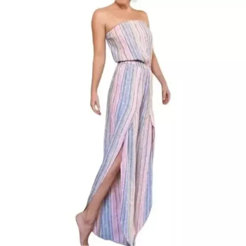 NWT Anthropologie DREW Emerson Strapless Split Leg Jumpsuit Rainbow Linen Size S